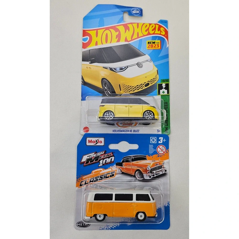 Hot Wheels VW ID Buzz & Maisto Volkswagen Bus Diecast Van Set Yellow Orange 2pk